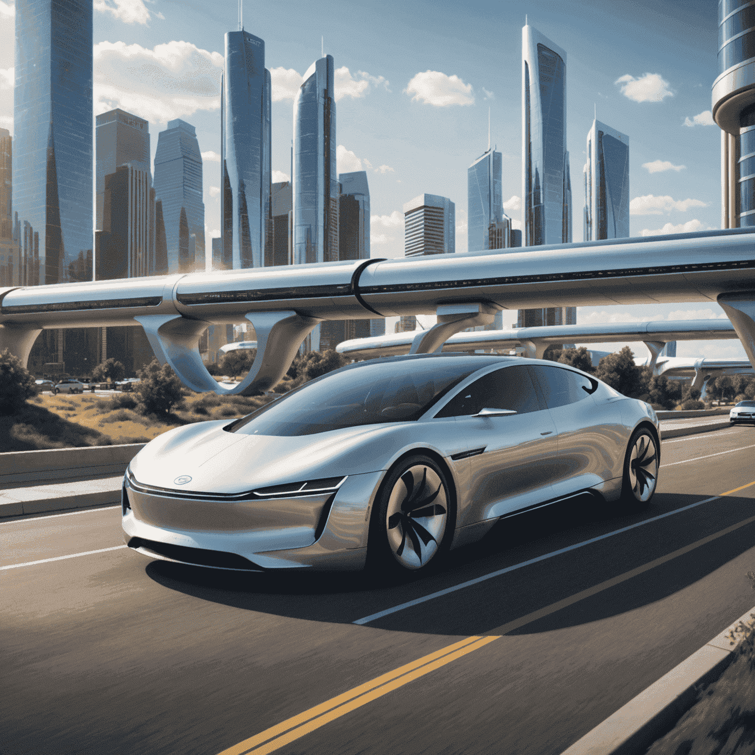 Futuristic transportation concept with electric vehicles, hyperloop, and advanced infrastructure