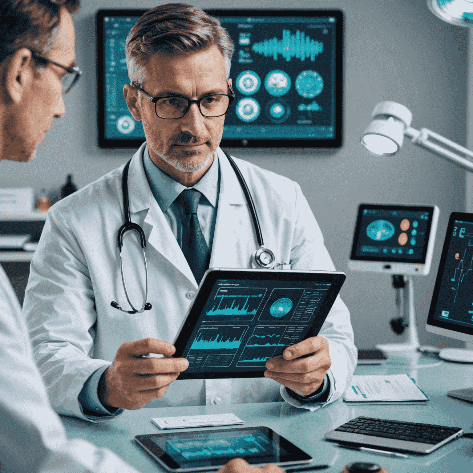 A doctor using a tablet to review patient data, with various medical technology devices in the background