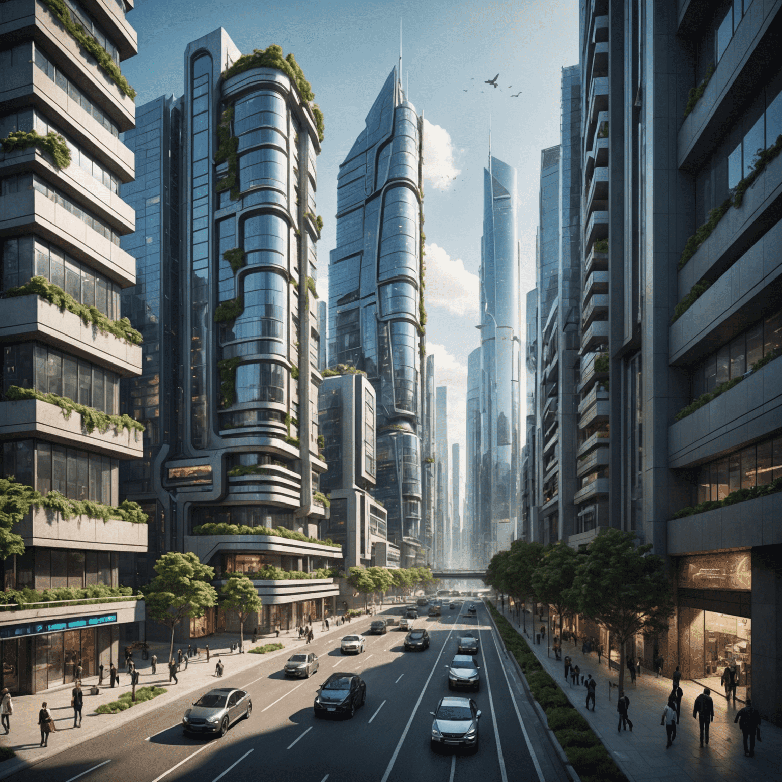 A futuristic cityscape with advanced technology integrated into buildings and infrastructure