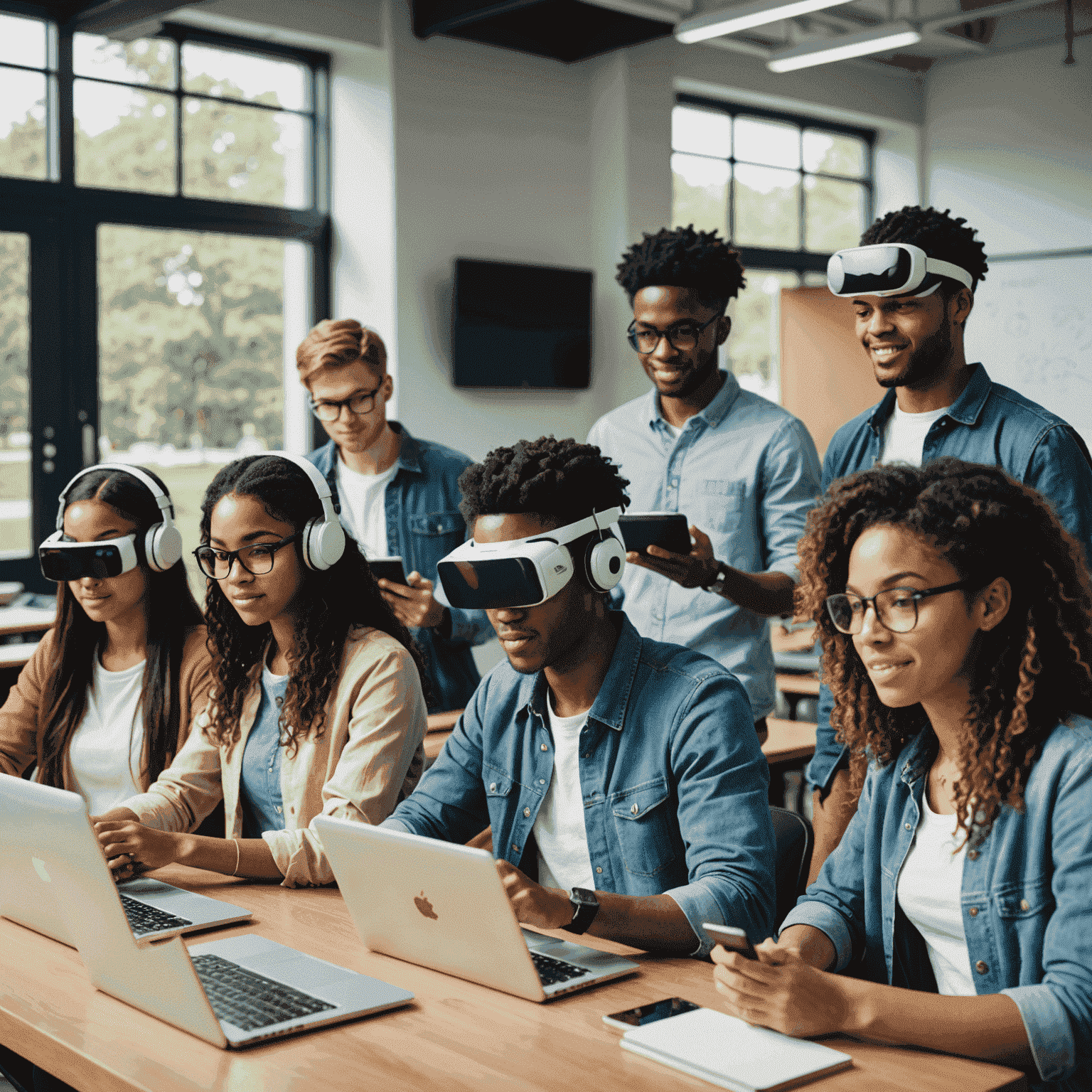 A diverse group of students using various digital devices such as laptops, tablets, and VR headsets in a modern classroom setting