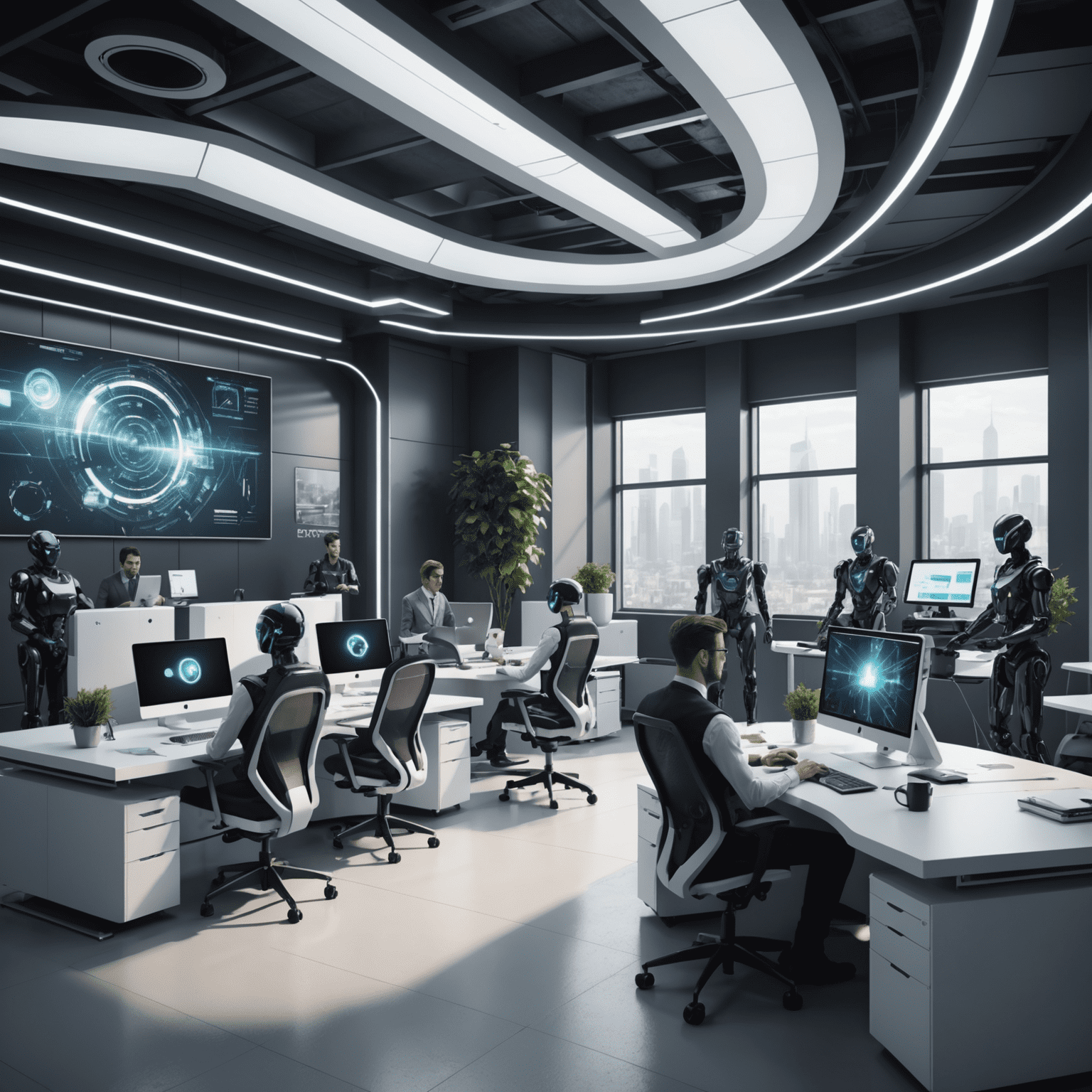 A futuristic office space with advanced technology and robots working alongside humans