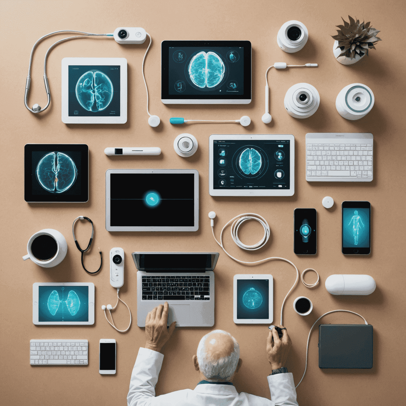 An image showcasing various healthcare technologies, such as telemedicine devices, personalized medicine solutions, and advanced medical equipment