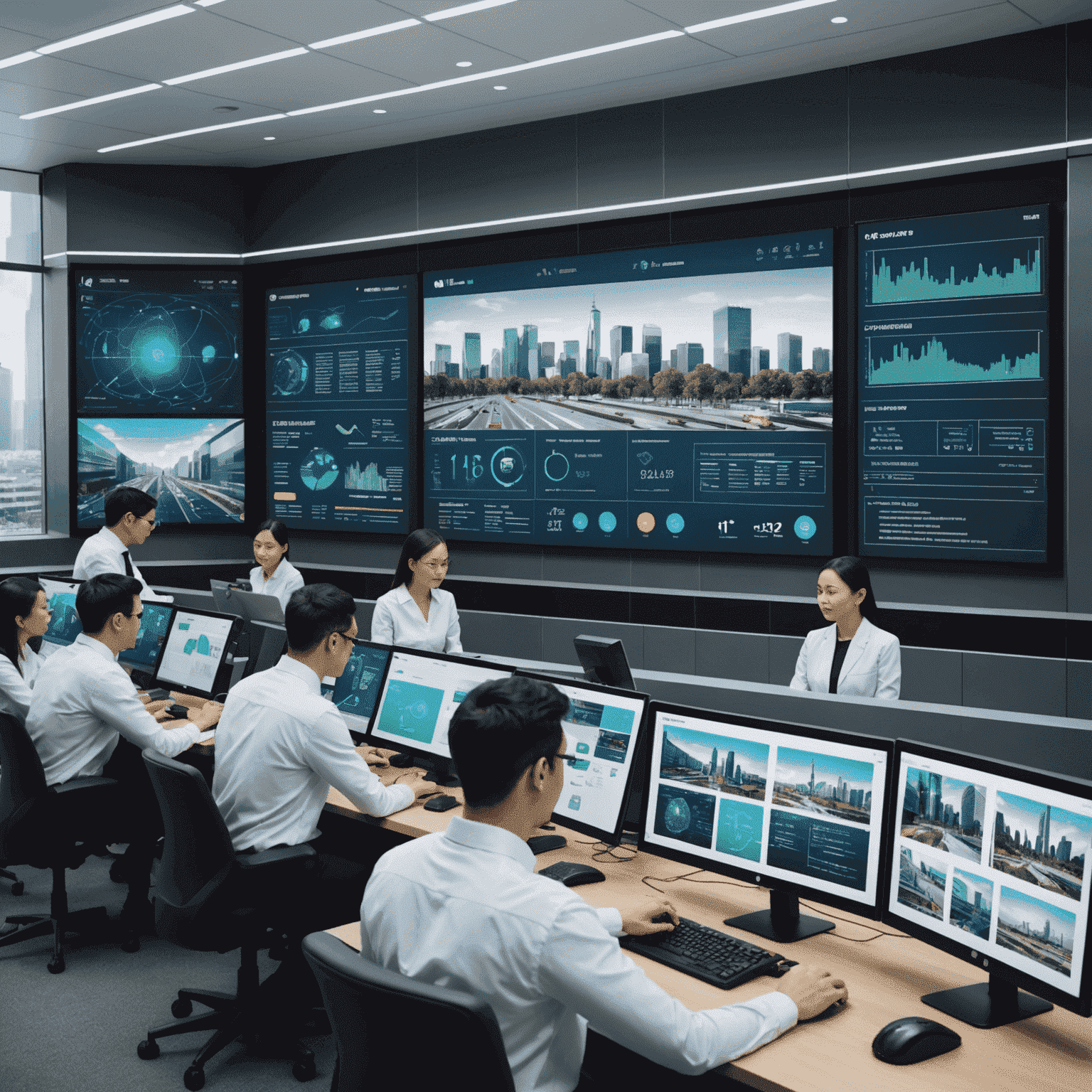 A smart city control center with analysts monitoring various city functions on digital screens