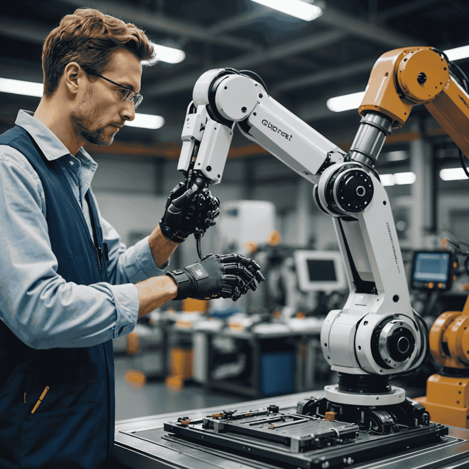 A worker collaborating with an advanced robotic arm in a high-tech manufacturing facility