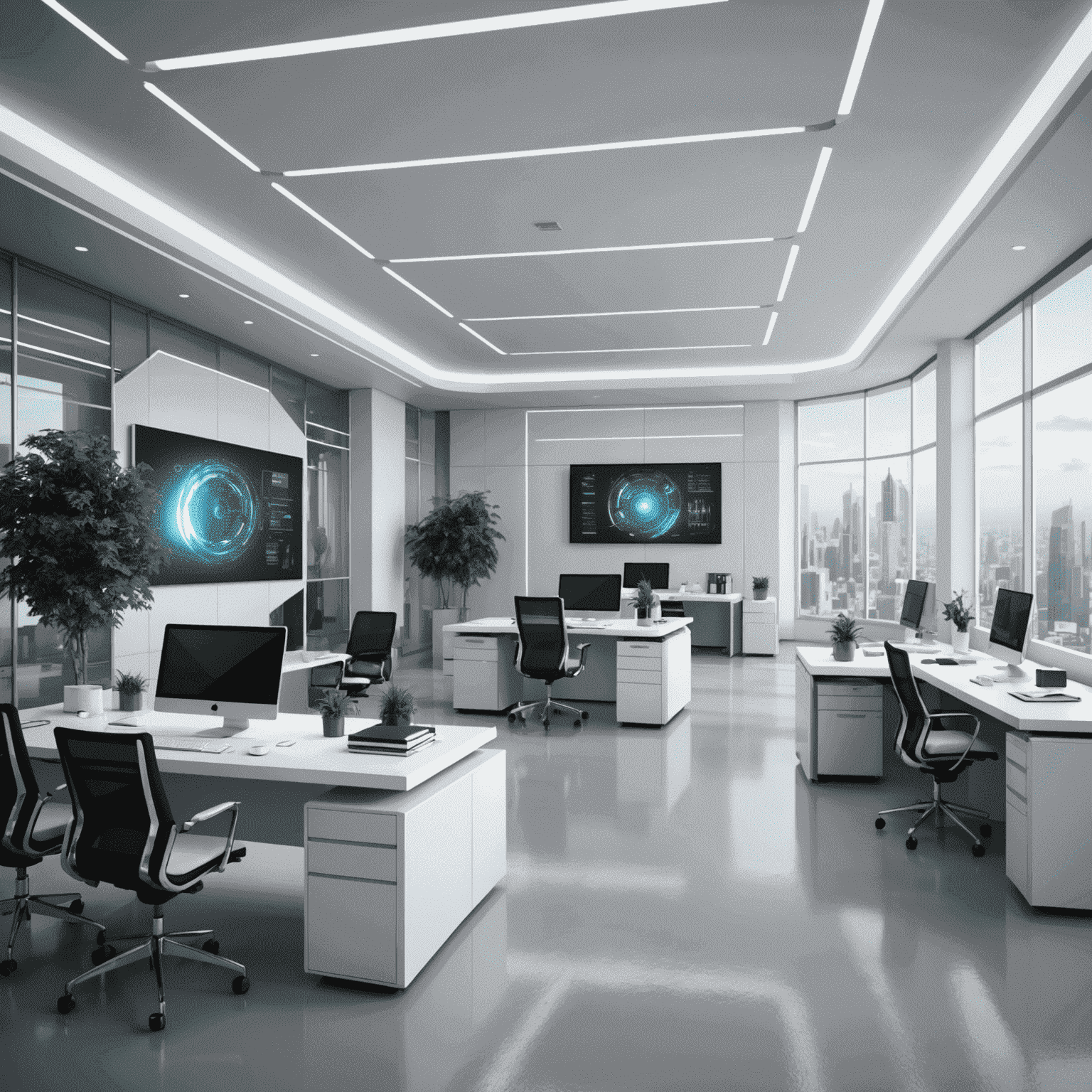 A futuristic office environment with advanced technology and automation